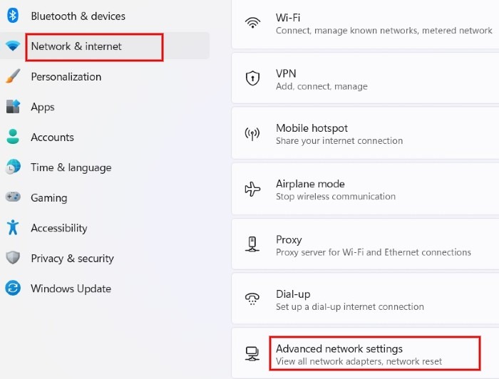 Clicking Network & Internet in left pane and click "Advanced network settings" in the right pane.