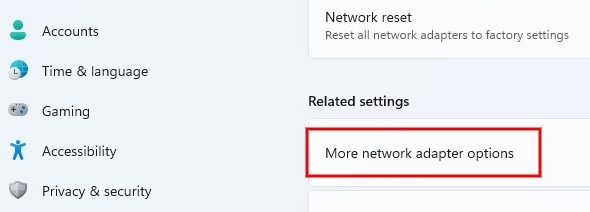 Clicking "More Network Options " under "Related Settings."