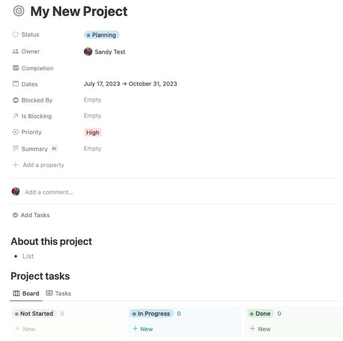 Project details in Notion