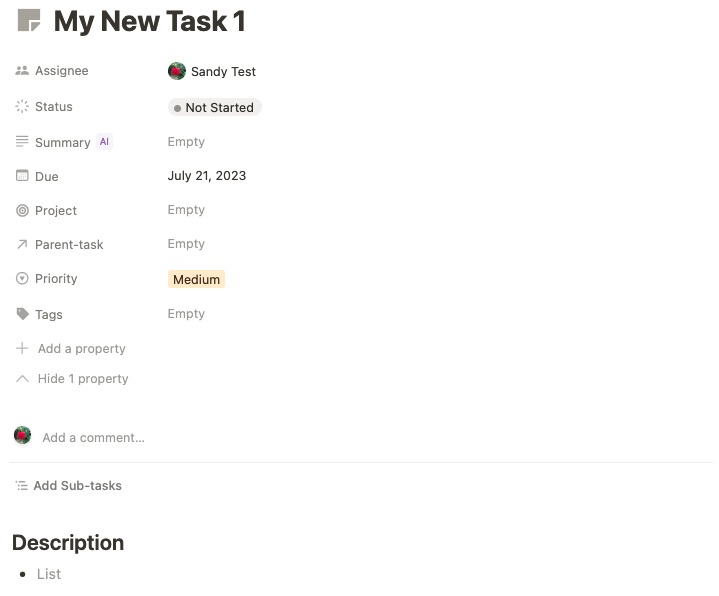 Task detail page in Notion