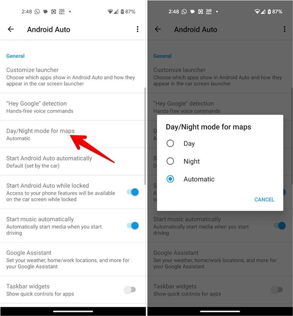 Clicking on "Day/Night mode for maps" option in Android Auto app. 