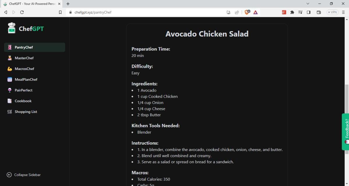 Chefgpt Xyz Recipe Generator Chatgpt Alternative Avocado Chicken Salad Recipe Screenshot