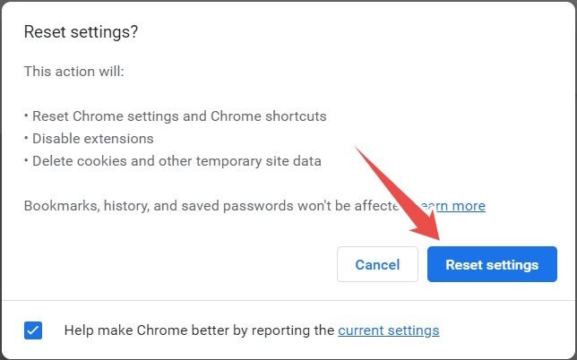 Resetting settings in Chrome browser.
