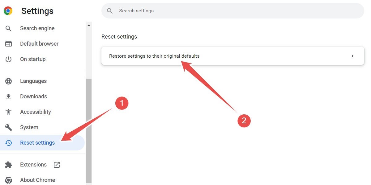 Chrome Menu Settings with the "Reset settings to original defaults" option highlighted.