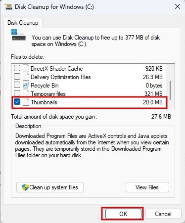 Select "Thumbnails" in Disk Cleanup window.