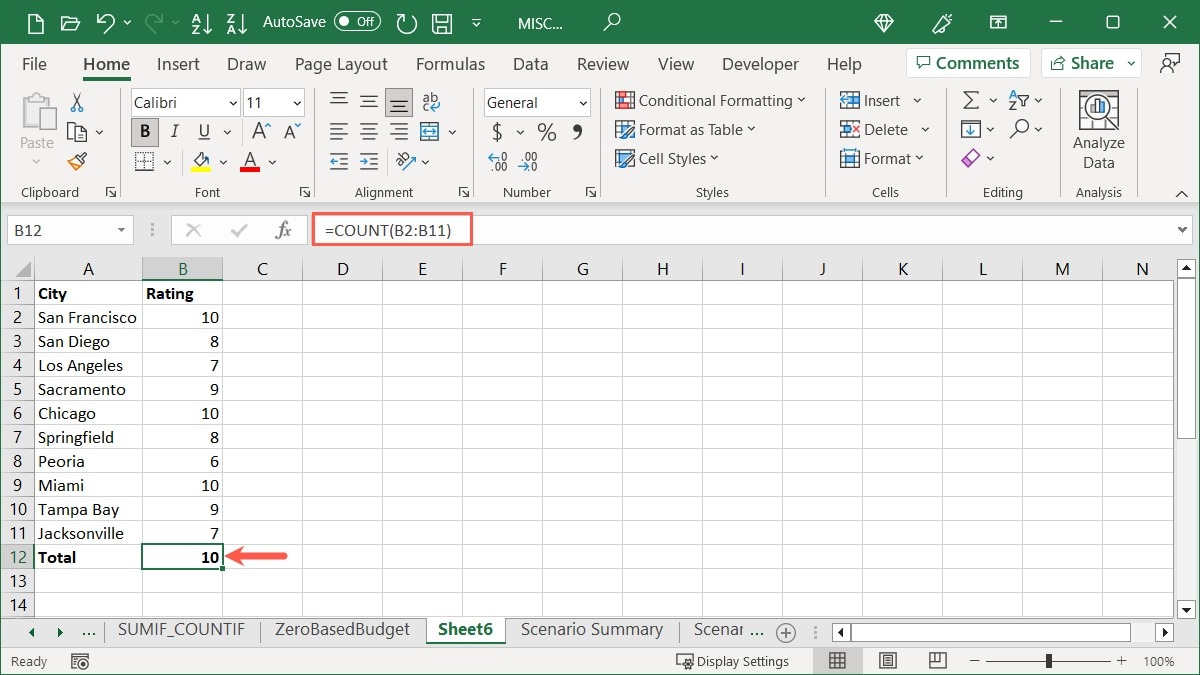 Count function in Excel