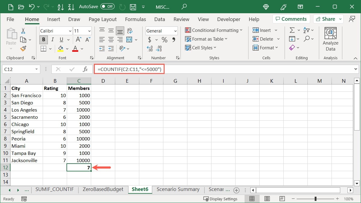 COUNTIF Function using Less Than or Equal To in Excel