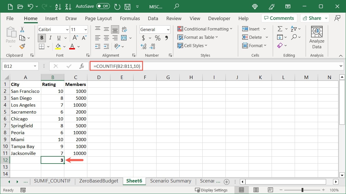 COUNTIF function using values in Excel