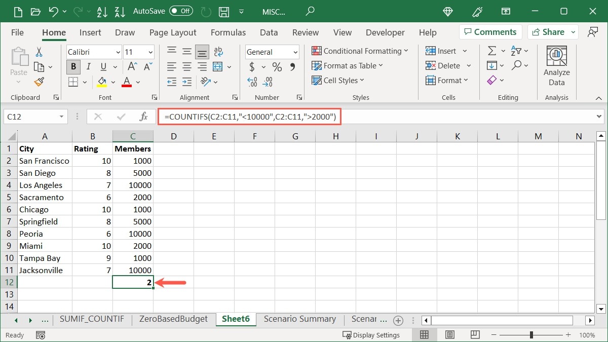COUNTIFS function using Greater and Less Than in Excel