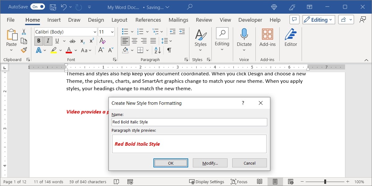 Create New Style box in Word
