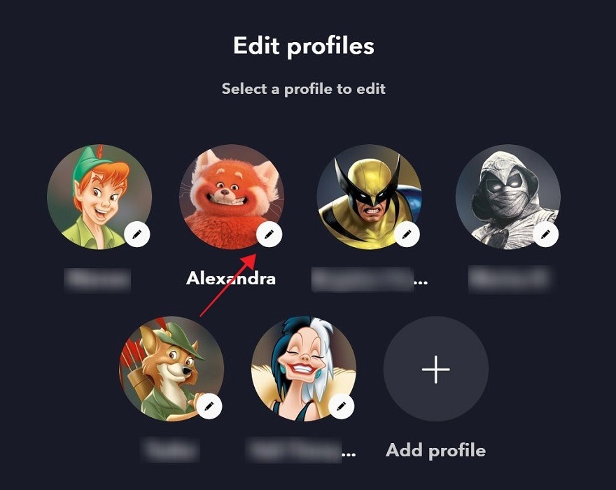Selecting a profile to edit in Disney Plus on the Web.