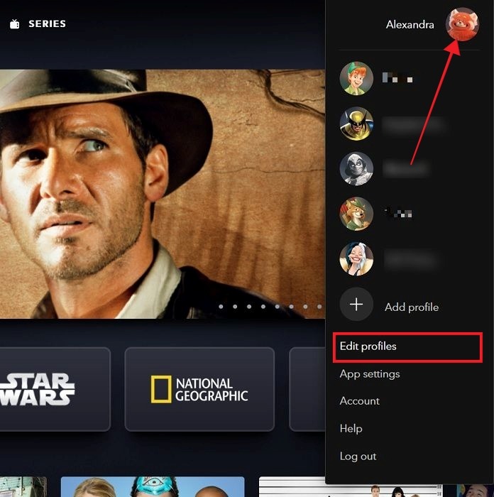 Clicking on profile picture and selecting "Edit profile" in Disney Plus on the Web.