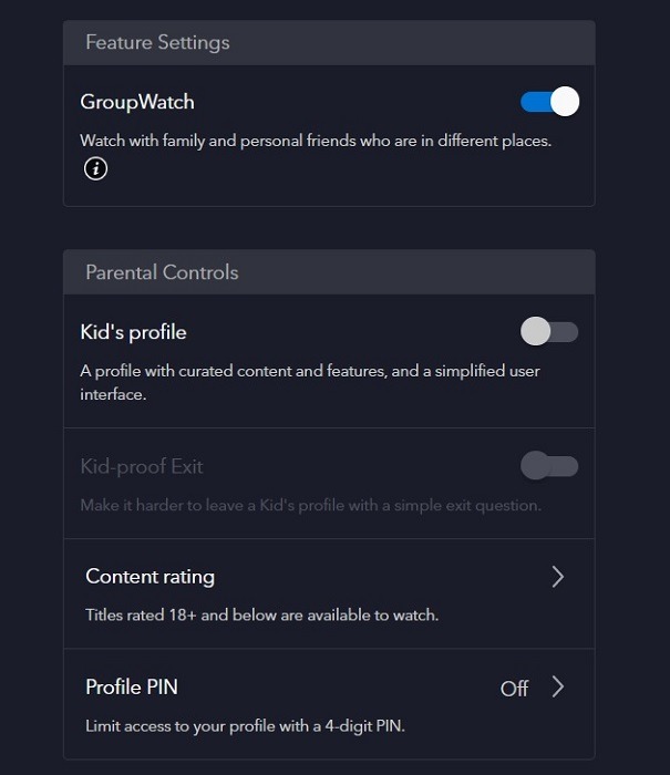 Option to disable/enable GroupWatch feature in Disney Plus on the Web.