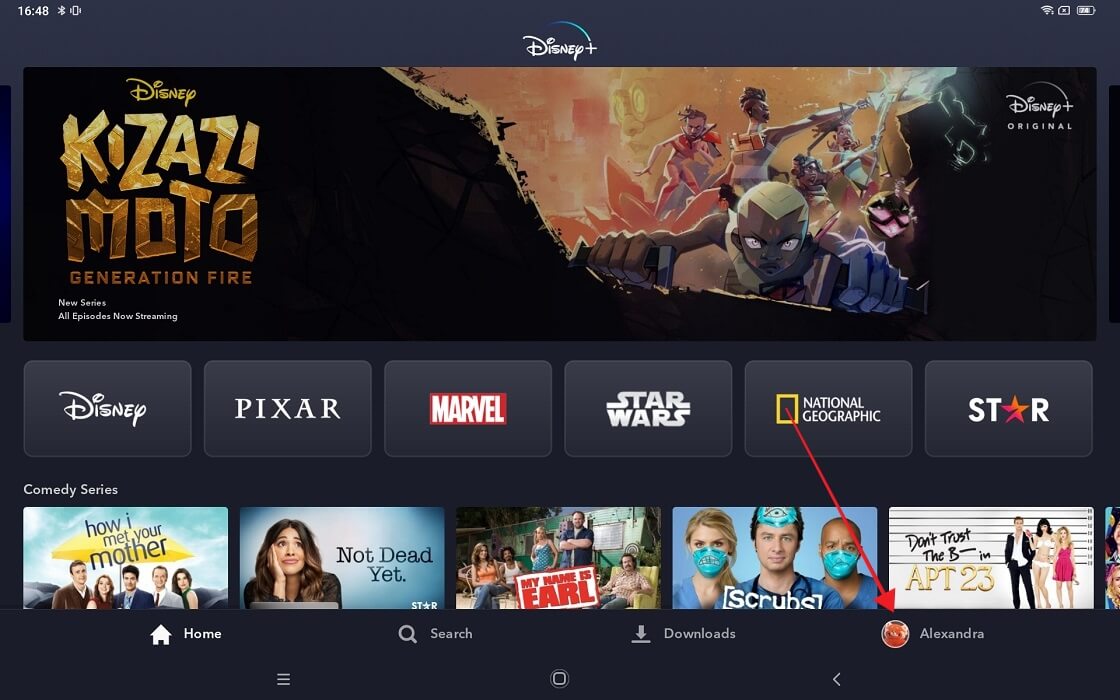 Clicking on profile picture in Disney Plus app for Android.