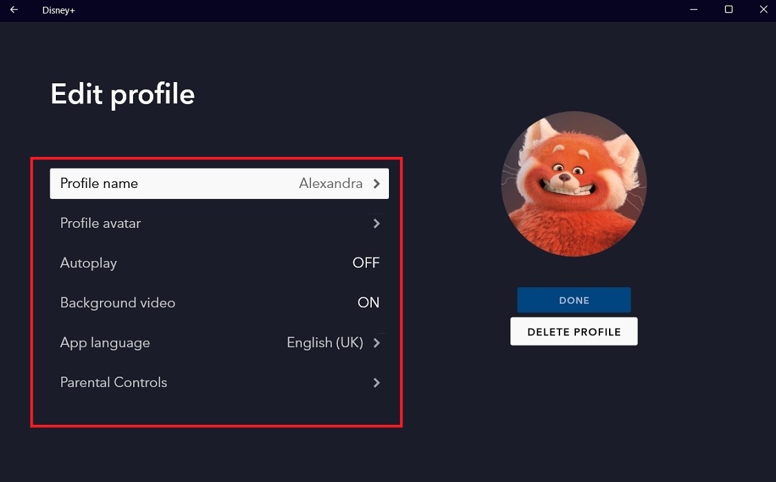 Available settings in Disney Plus desktop app. 