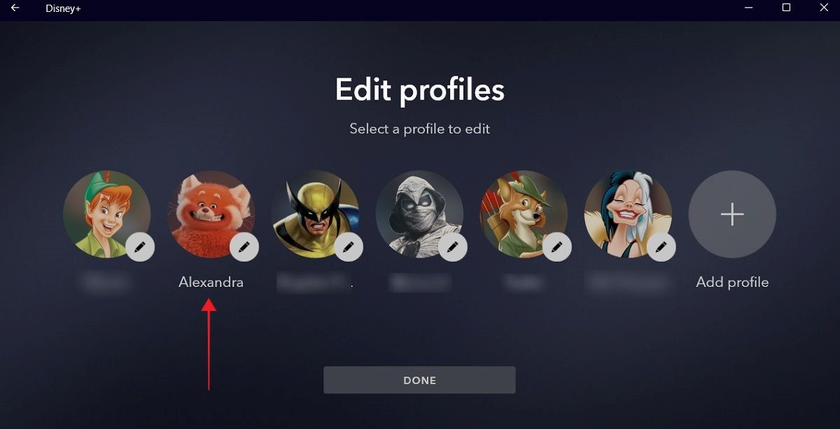 Select profile to edit under "Edit profiles" in the Disney Plus desktop app. 