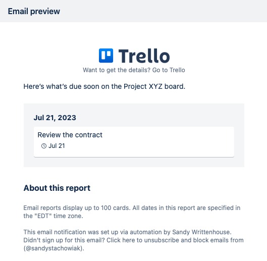 Due Soon Email Report preview