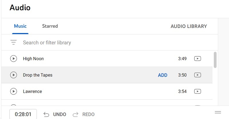 Click "Add" to add a new audio as music track from the library of YouTube Studio video editor. 