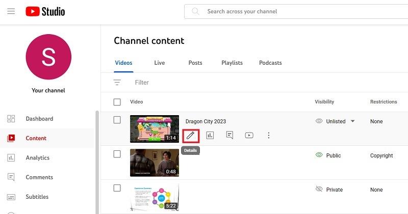 Click video details for uploaded video in YouTube Studio Channel content. 