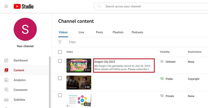 Channel content selection of published video in YouTube Studio. 