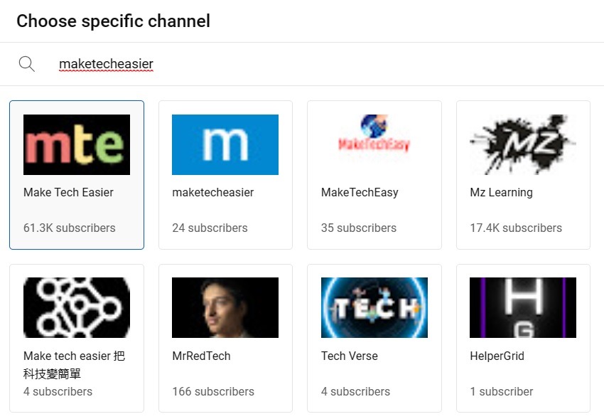 Choosing a channel as info card in YouTube Studio. 