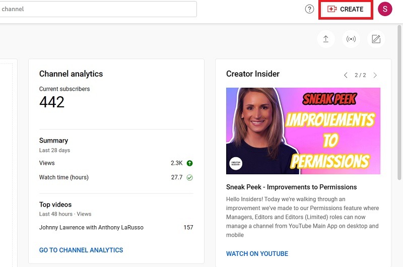 Click the Create button on YouTube Studio homepage. 