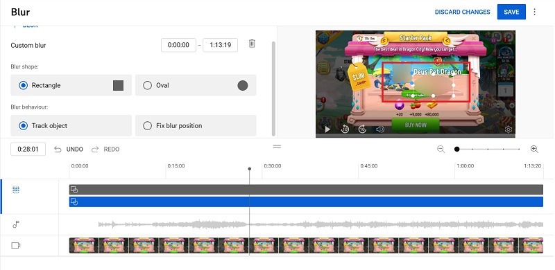 Custom blur with rectangle, oval, track object etc. in YouTube video creator. 