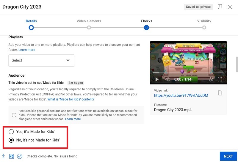 Selecting whether the uploaded YouTube video is made for kids, or not. 