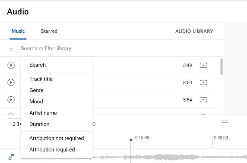 Audio search options by track title, genre, mood, artiste for YouTube royalty free music video addition. 