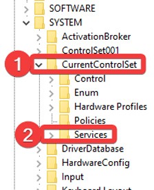 Navigating to the "Services" key in Registry Editor.