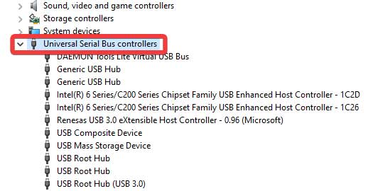 Expanding Universal Serial Bus Controllers option in Device Manager.