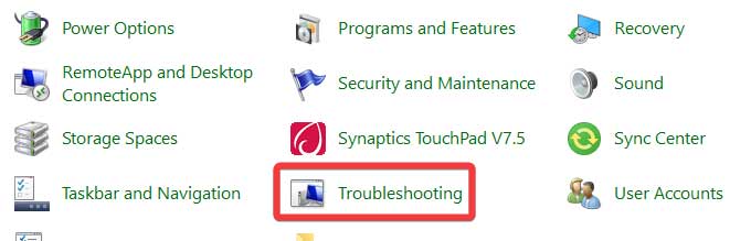 Clicking on "Troubleshooting" option in Control Panel. 