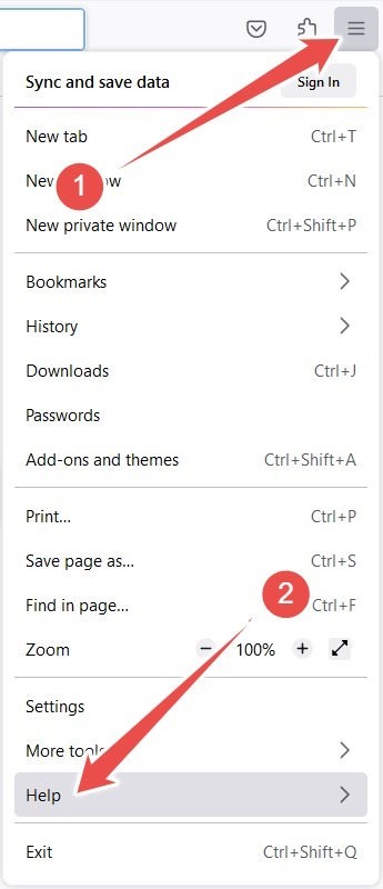 Clicking on "Help" option in Firefox menu.