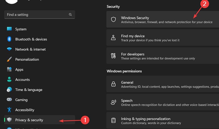Go To Privacy And Security And Select Windows Security