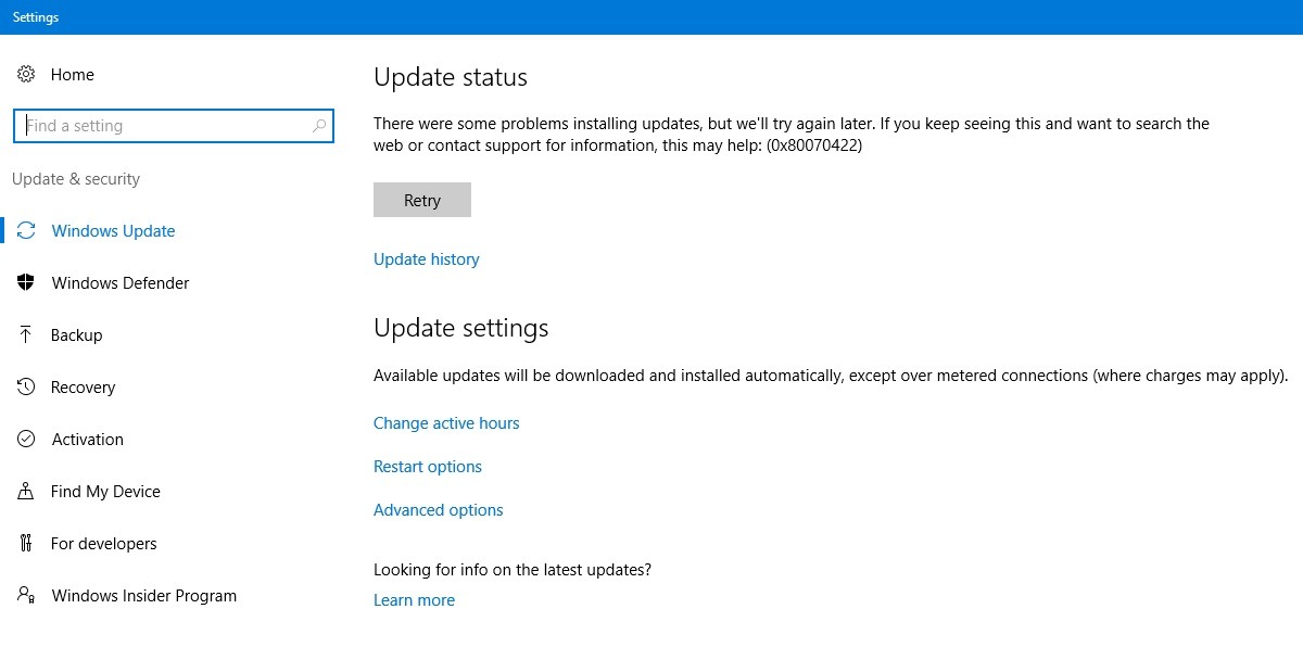 Error 0x80070422 in Update status of Windows 10.