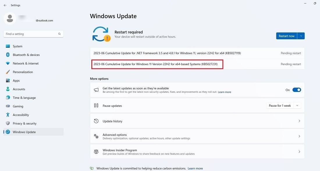 Installing Windows 11 update KB5027231 which is pending restart. 
