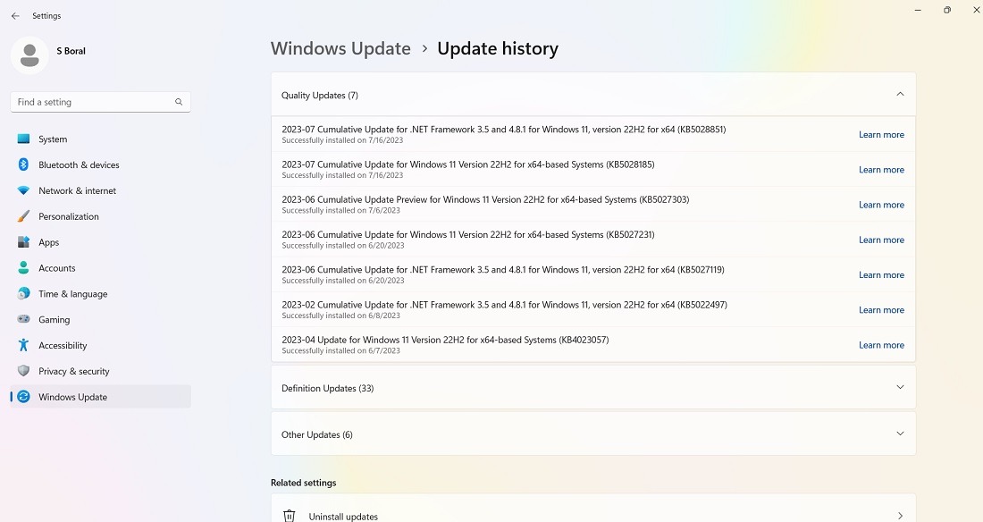 Windows 11 quality update history as of July 2023. 