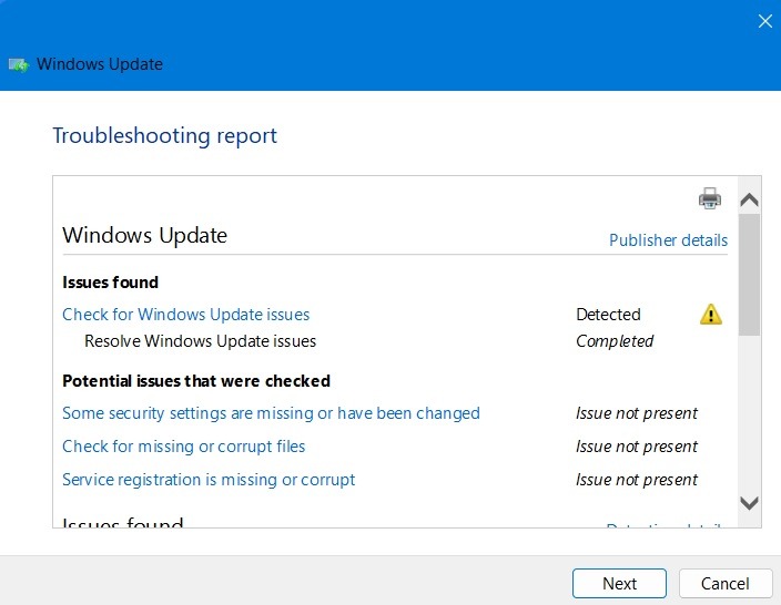 Troubleshooting report for Windows Update troubleshooter.