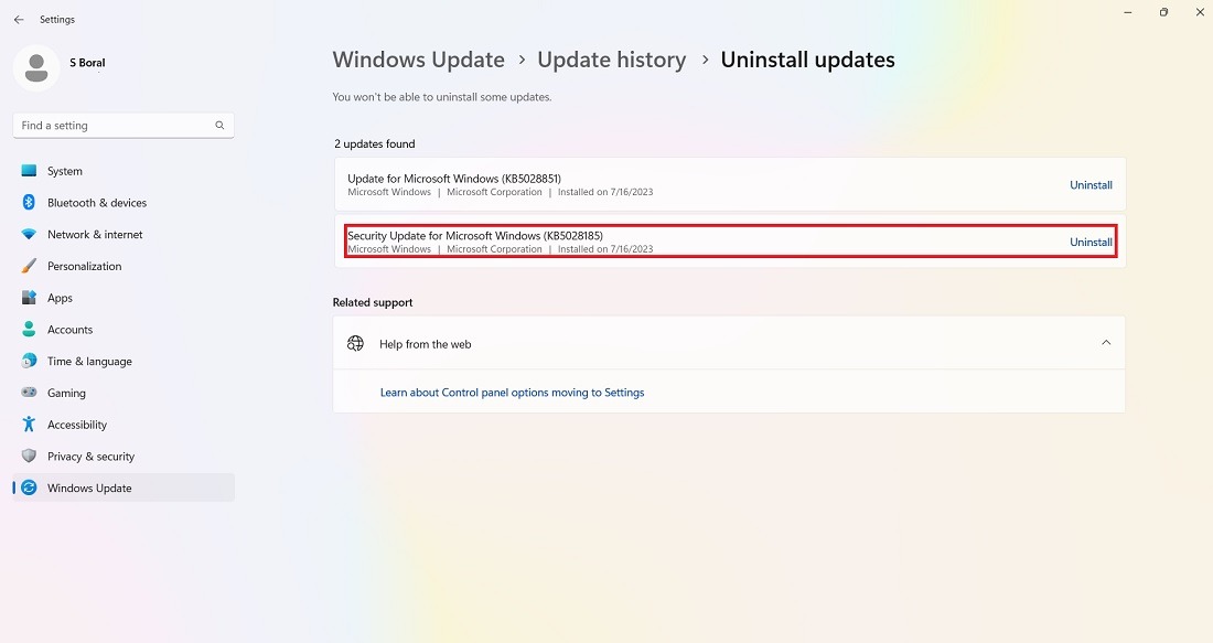 Uninstalling KB5028185 update in the month of July, 2023. 