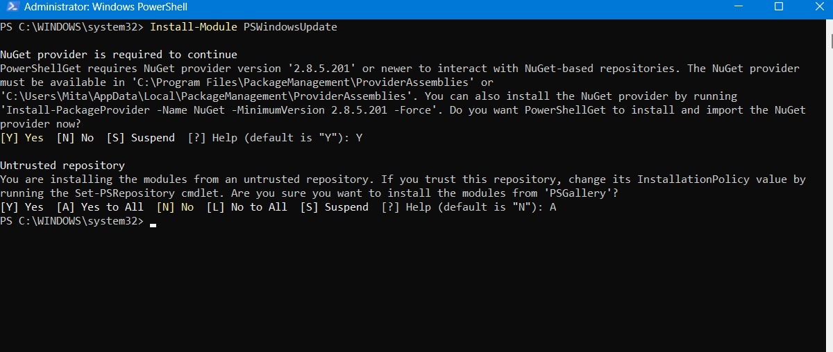 Untrusted Repository Installation warning in PowerShell window.