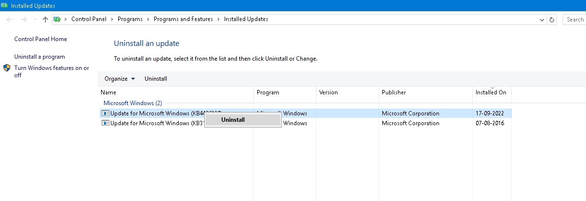 Uninstall updates in Windows 10 from Control Panel.