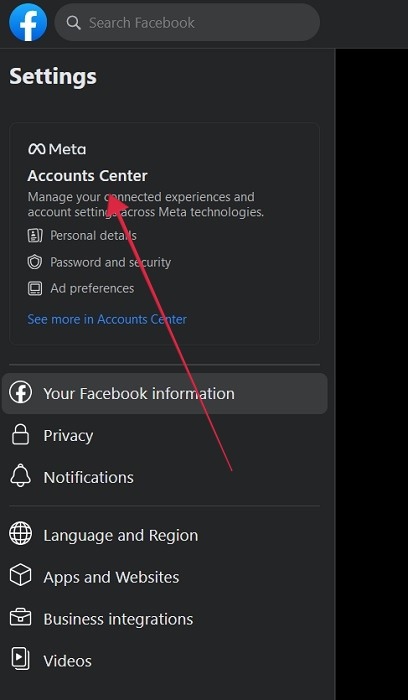 Selecting "Accounts Center" in Facebook Settings.