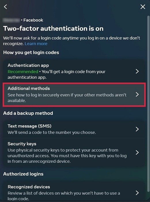 Selecting "Additional methods" from Two-factor authentication menu.