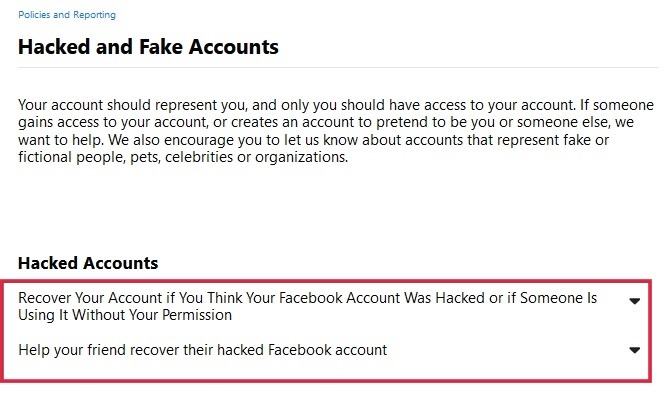 Selecting option under "Hacked Accounts" on Facebook help page.