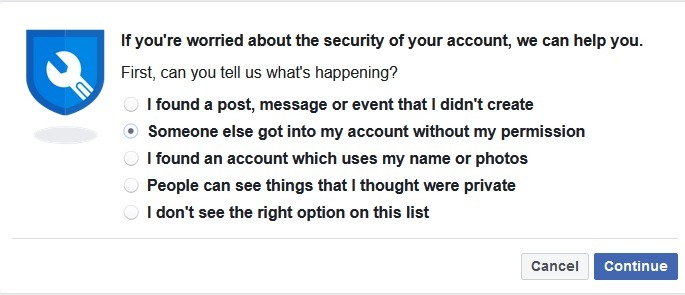 Facebook hacked page where you can ask for help. 