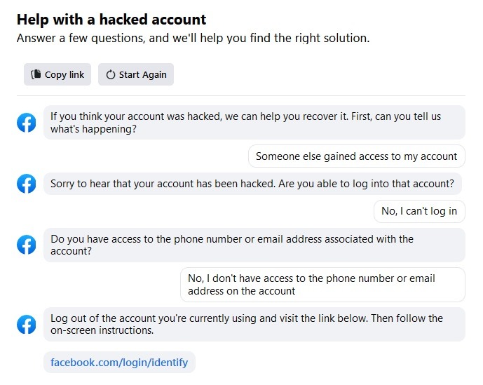 Getting help with hacked account on Facebook help page.
