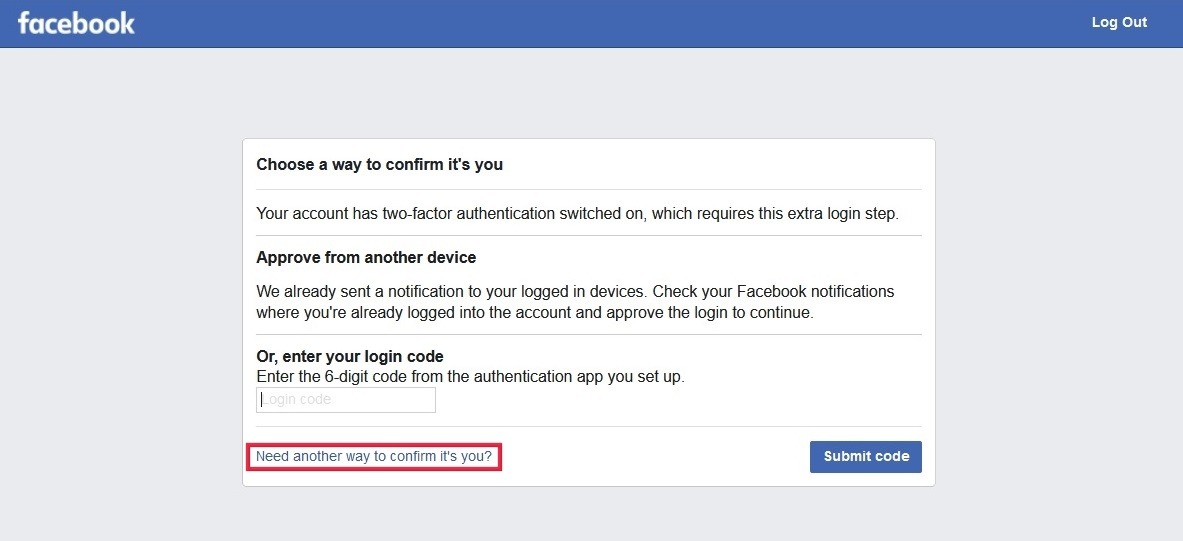 Clicking on "Need another way to confirm it's you?" option while trying to log in with Facebook.