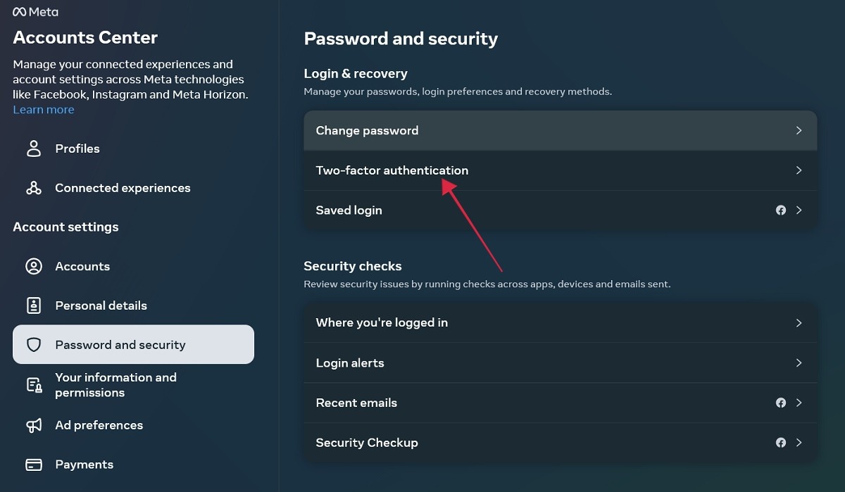 Clicking on "Two-factor authentication" via Password and Security in Facebook Settings.