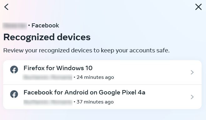 List of recognized devices used to log in with Facebook account.