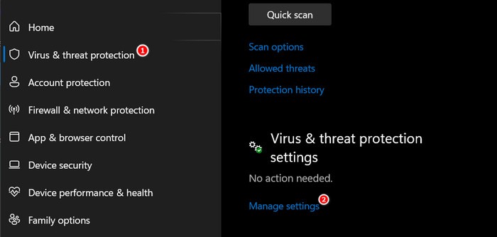 Clicking on "Manage settings" under "Virus & threat protection" in Windows Security. 